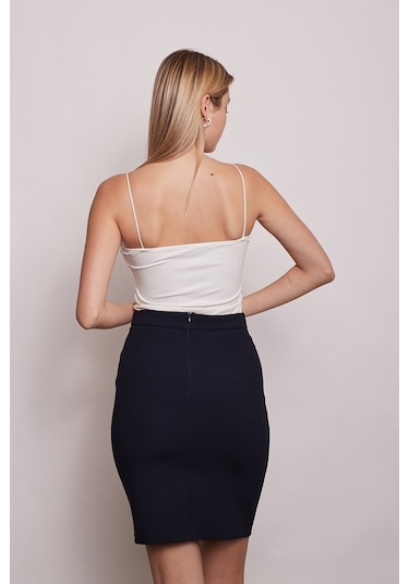 Yüksek Bel Diz Üstü Şık Kumaş Kalem Etek-Lacivert