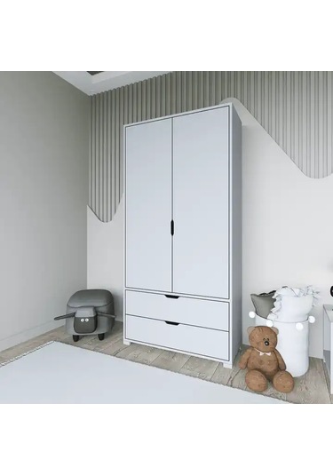 Duru 90 Cm Mat Beyaz 2 Kapılı 2 Çekmeceli Elbise Dolabı - Gardırop Beyaz