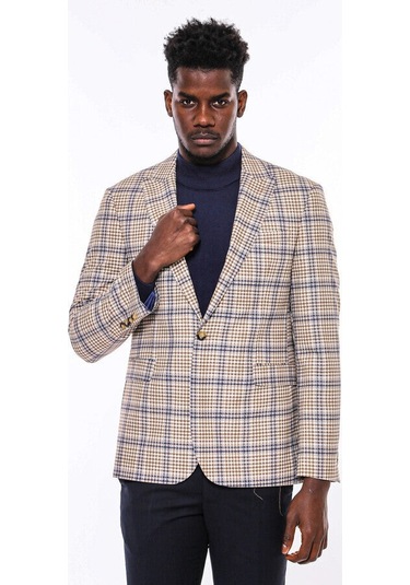 Wessi Ekose Desenli Slim Fit Kahverengi Mavi Erkek Ceket - Wessi Kahverengi - Mavi