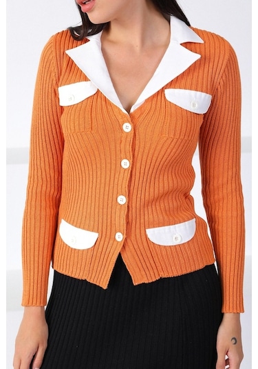 Ferraro Orange Gömlek Yaka Kadın Triko Hırka Turuncu