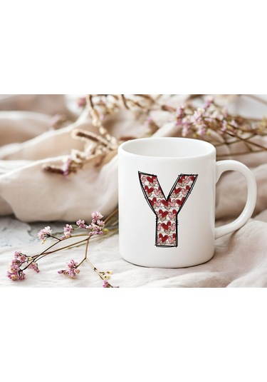 Y Harfi Aşk Temalı Kupa - Kalp Desenli Kişiye Özel Romantik Sevgililer Günü Kahve Kupası Beyaz