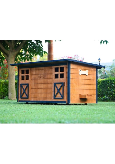 MANDU Ahşap İkiz Köpek Kulübesi (2 yuva tek kulübe) + İsimlik ve