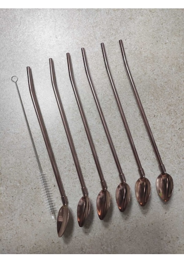 6'lı Paslanmaz Krom Pipetli Kokteyl Bar Kaşığı Ve Temizleme Fırçası, Pipetli Latte Kaşığı 22 Cm - Bronzkahve