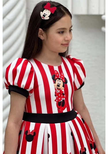 Riccotarz Kız Çocuk Üzeri Mc Maymun Baskılı Şerit Ve Çizgi Detaylı Kırmızı Elbise Kırmızı