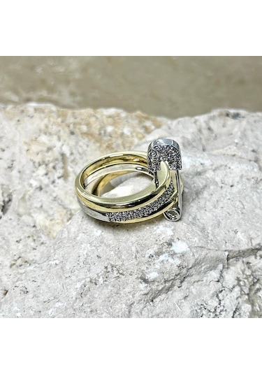 3'lü Silver-gold Taşlı Çengelli İğne Yüzük Çok Renkli