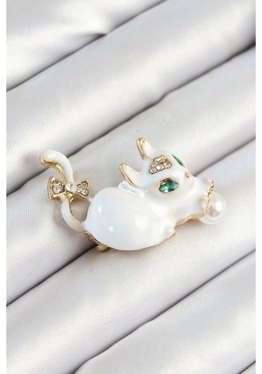 Zirkon Taşlı İnci Detaylı Beyaz 3d Kedi Figürlü Gold Renk Kadın B Çok Renkli