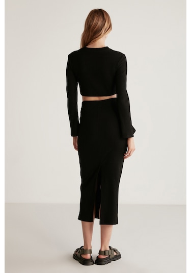 Ethıquet Lauren Kadın Slim Fit Fermuar Detaylı Midi Siyah Etek