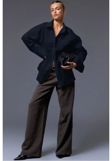 Tarz Cool Kadın Oversize Gömlek Uzun Kollu Basic Salaş Kesim Poplin Trend Şık Günlük Gömlek Lacivert