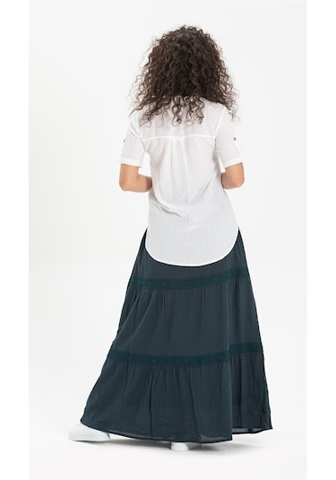 Uzun Şile Bezi Dantelli Etek Petrol Ptrl