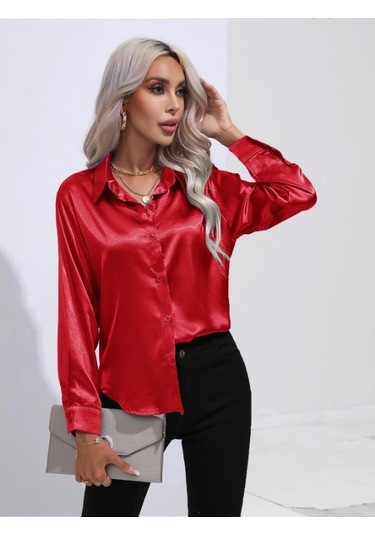 Kırmızı İlkbahar Ve Sonbahar Kadın Gömlek Saten Gömlek Mizaç Banliyö Uzun Kollu Üst Kırmızı