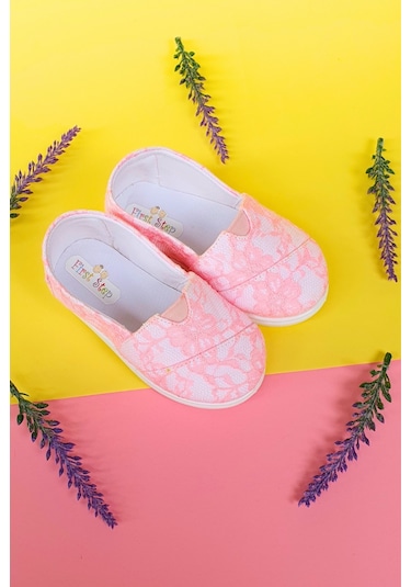 Dantelli Çocuk Keten Babet Ayakkabı-pembe-f-4001 Pembe