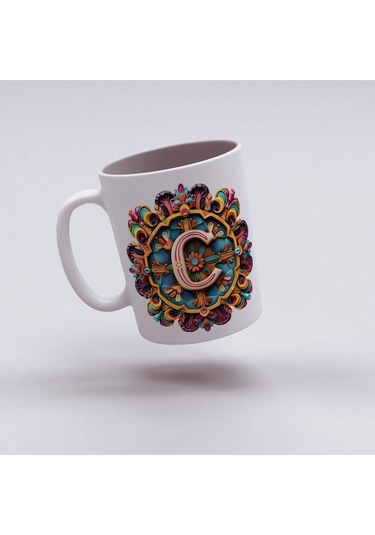 C Harfi Boho Bardak, Renkli Özel Tasarım Hediyelik Harfli Kupa, 330ml Porselen Beyaz