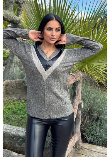 Haki & Antrasit Deri Kontrastlı V Yaka Kaşkorse Kazak Haki