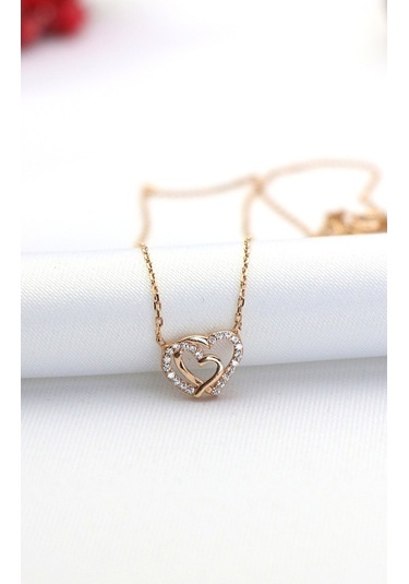 Çift Kalpler Rose Gold Minimal Gümüş Kolye-Rose Gold