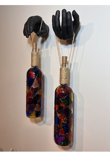 Siyah Renkli Erkek Eli Heykeli Ve Tıpa Peri Led Işıklı Vitray Cam Çok Renkli