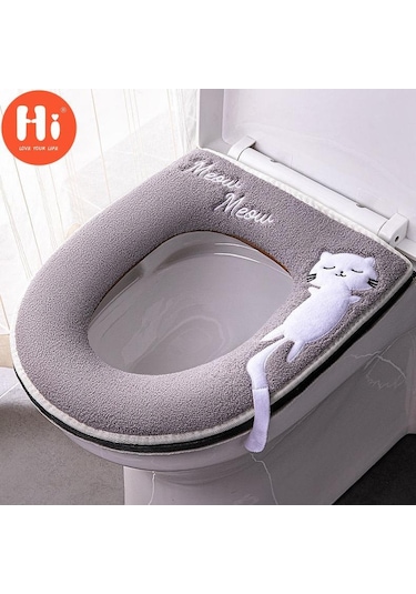 Gri Evrensel Klozet Kapağı Yuvarlak Klozet Kapağı Cus On Banyo Lavabo Kapağı Mat Kış T Ck Sıcak Yıkanabilir Kedi Karikatür Sevimli Klozet Kapakları