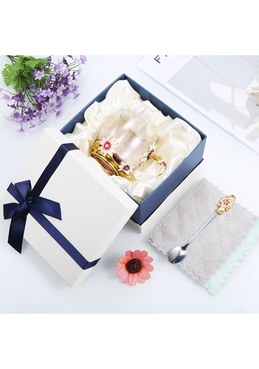 Padalink Kahve Rengi Porselen Çiçek Desenli 320ml Cam Bardak + Kaşık + Temizleme Bezi Seti, Isı Dayanıklı, Çay/kahve İçin, Dekoratif lik Paket Kahve