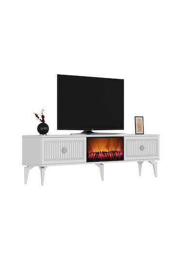 Flame Şömineli Tv Sehpası-ünitesi Beyaz-Gümüş