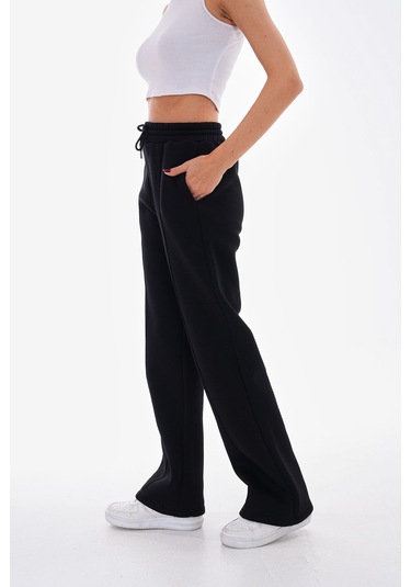 Kallima Çımalı Siyah Kışlık Şardonlu Yüksek Bel Bol Paça Eşofman Siyah