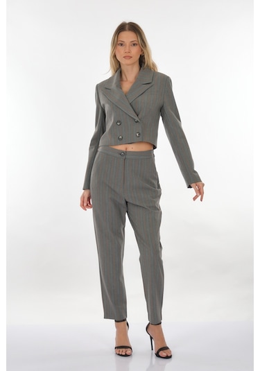 Perspective Kruvaze Yaka Çizgili Gri-turuncu Kadın Ceket 24061168 001