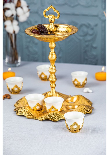 Hurmalıklı Tutaç Takımlı 6 Kişilik Zemzem,mırra Takımı Altın Renk