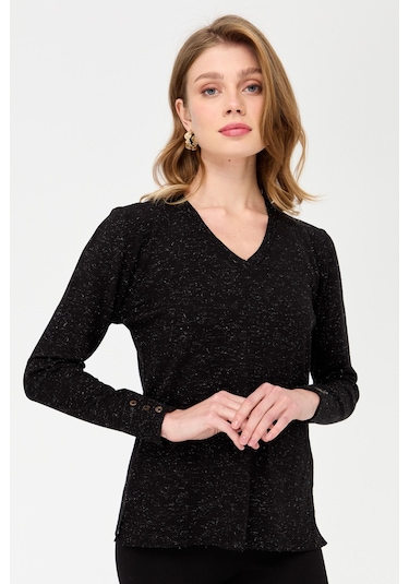 Kadın V Yaka Kolları Düğmeli Simli Bluz Siyah Siyah