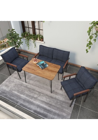 Mygusi Modern Balkon, Bahçe, Cafe - Metal Kanepe Koltuk Takımı - 2+1+1 Masa Lacivert