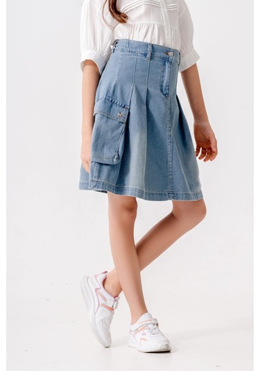 Kız Çocuk Pileli Körük Cepli Kot Etek 2604 Tint Mavi