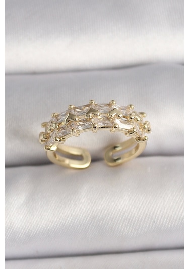 Pirinç Gold Renk Zirkon Taşlı Ayarlanabilir Yüzük Çok Renkli