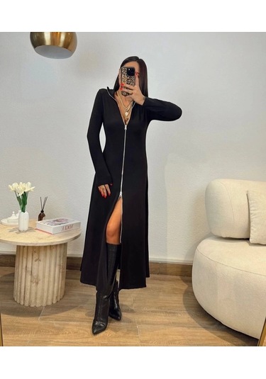 Saklımoda Kadın Uzun Kollu Önden Fermuarlı Ithal Krep Elbise Siyah