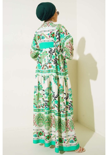 Bigdart 2423 Otantik Desenli Tesettür Elbise - Yeşil