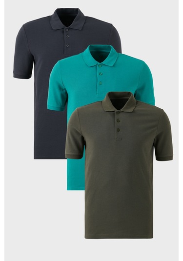 Buratti Pamuklu Regular Fit Düğmeli Polo Yaka 3'Lü Paket Erkek T Shirt 5902127S3 Haki-Antrasit-Benetton