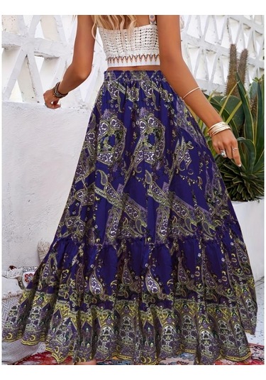 Sarı Paisley Desenli Büzgülü Etekler, Boho Pileli Yazlık Maxi Etekler, Kadın Giyim Sarı