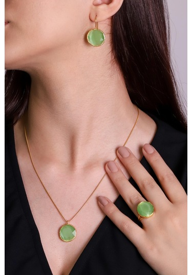 Beyisa Güneş Taşı Serisi Yuvarlak Yeşil Renkli Kadın Otantik Gümüş Üçlü Takı Seti
