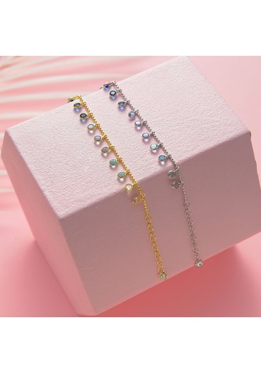 Queen Silver Jewelry 925 Ayar Gümüş Mavi Renk Geçişli Top Zincirli Bileklik Altın