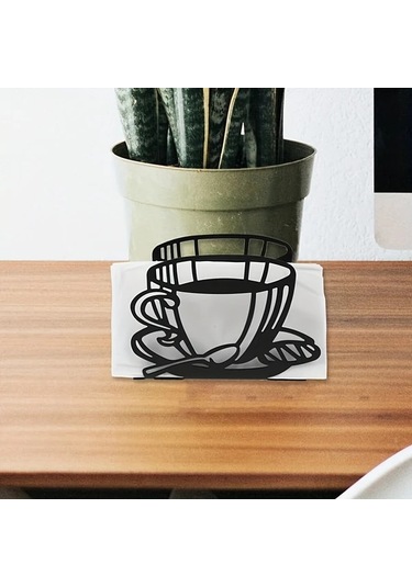 Xuweiwei Siyah Metal Peçete Tutucu - Kahve Fincanlı Dikey Masaüstü Mendil Klipsi Siyah