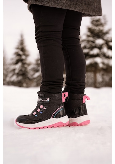Kız Çoçuk Sim Detaylı Kışlık Kaymaz Taban Su Geçirmez Cırt Cırtlı Yarım Bot Siyah - Fuşya