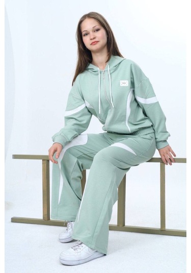Kız Çocuk %100 Pamuk Garnili Kapüşonlu Fermuarlı Oversize Alt&üst Trend Eşofman Takımı-315-eşt-0003 Su Yeşili