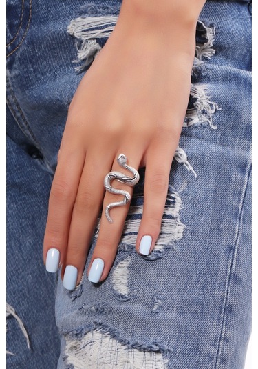 Kadın Antik Gümüş Kaplama Ayarlanabilir Baskılı Yılan Yüzük N11.10631 Gümüş