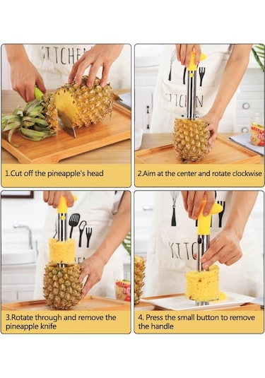 Cbtx Paslanmaz Çelik Ananas Soyucu Dilimleme Meyve Kesici Mutfak Aletleri Sarı Saplı