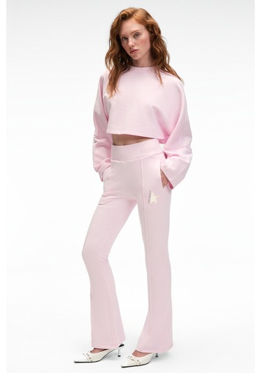 ANOUK Kadın Pamuklu Baskı Ve Patch Detaylı Bisiklet Yaka Crop Pembe Sweatshirt