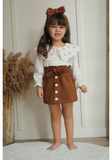 Süet Etek Çiçek Yaka Kız Takım 001