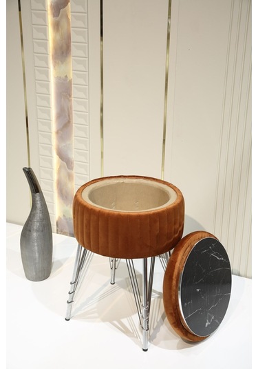 Bianco Metal Ayaklı Puflu Zigon Sehpa Krom Turuncu Chrome Orange