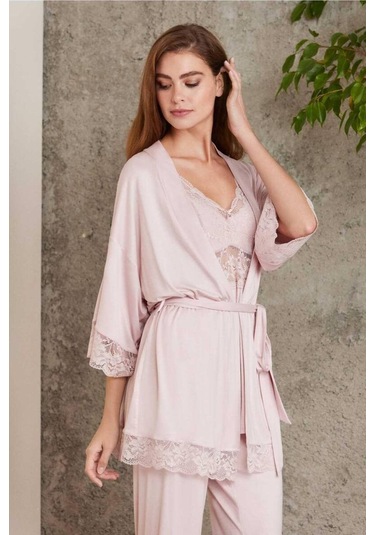 Pierre Cardin Dantelli Sabahlıklı Penye Pijama Takımı Pudra 001