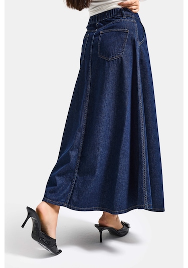 Itsbasic Kadın İndigo Renk 7w5-50 A Tipi Çan Kesim Maxi Boy %100 Koton Denim Etek