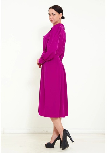 Modatalika Kadın Pile Detaylı Kemerli Gömlek Yaka Şık Uzun Kolu Midi Elbise Fuşya
