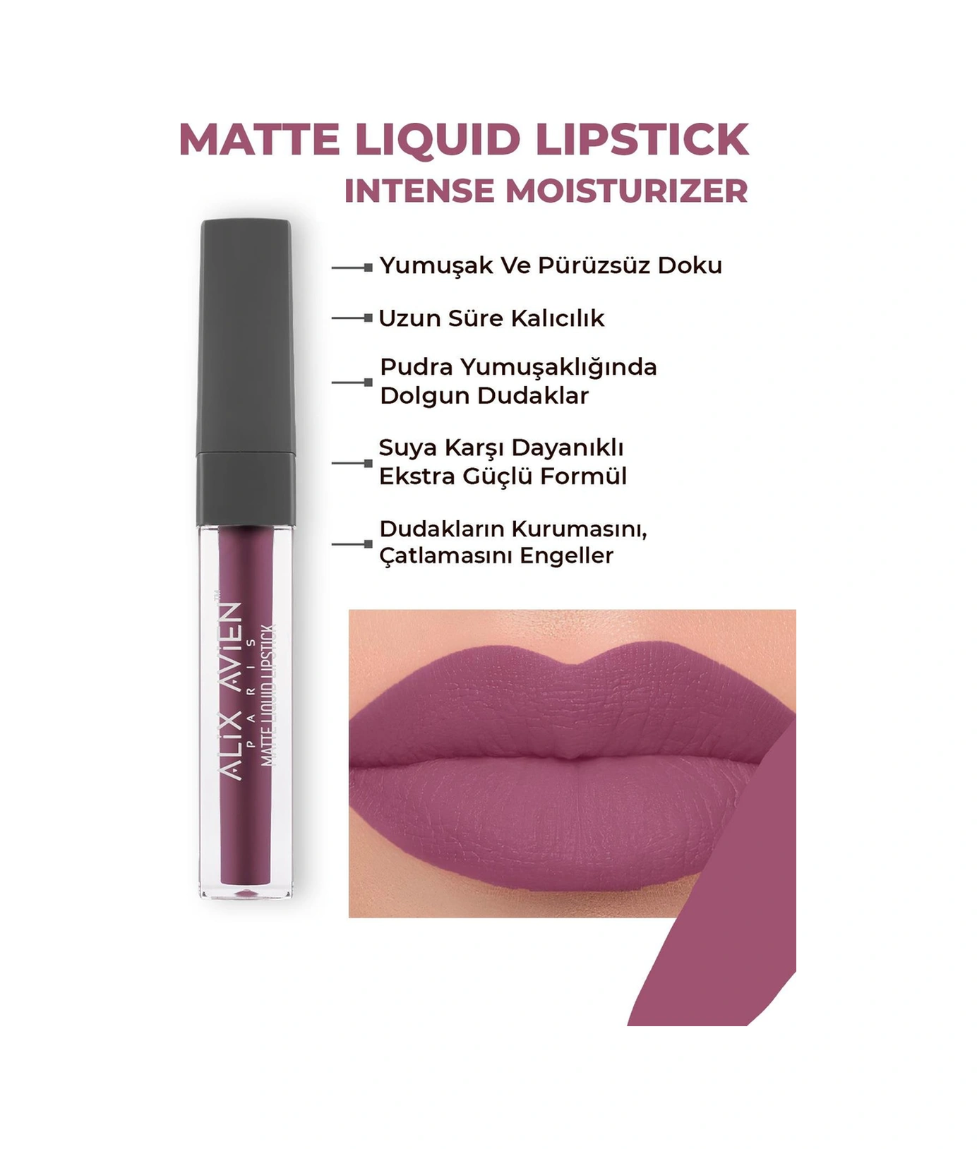 Alix Avien Uzun Süre Kalıcı Kadifemsi Kuruma Yapmayan Mat Likit Ruj Matte Liquid Lipstick 519 Dark Plum