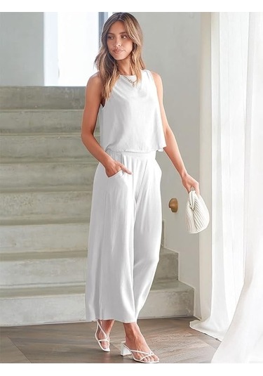 Barbora Keten Yazlık Yüksel Bel Capri Pantolon Sırt Detaylı Kolsuz İkili Takım Ln26ekru1 001