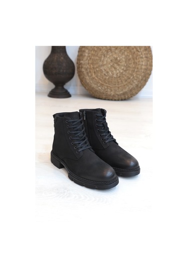 Konfores 1416 Anatomik Tabanlı Hakiki Deri Fermuarlı Erkek Spor B Siyah Nubuk