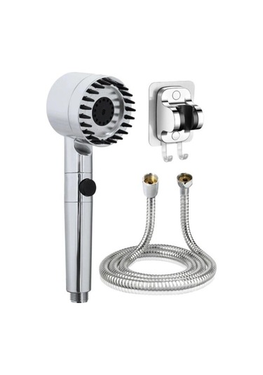 Masajlı Filtreli 3 Kademeli Krom Duş Başlığı Yapışkan Mafsallı Hortumlu Duş Seti Gri